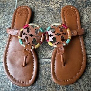 Tory Burch Miller Embroidery Thread Logo Sandals- Brown, Women’s Size 6M